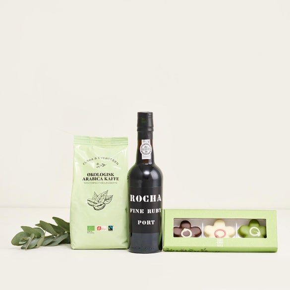 Gavekurv med portvin, kaffe og marcipanblomster